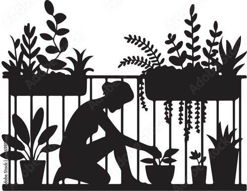 Silhouette of person gardening with potted plants on a balcony