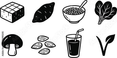 Healthy vegan nutrition doodle icons on white background