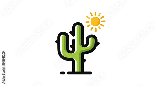A stylized illustration features a green cactus with a yellow sun on a white background