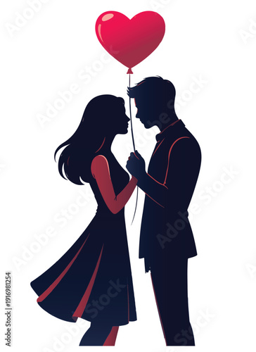 Heartfelt Bond: A Romantic Couple Silhouette Illustration with a Red Heart Balloon