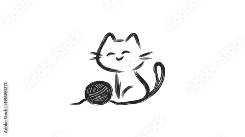 Black brush stroke illustration of a smiling cat sitting next to a ball of yarn on a white background