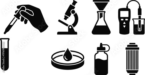 Water quality testing icons for laboratory and research concept