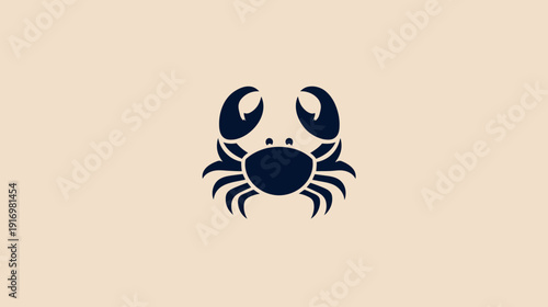 A stylized, navy blue crab icon centered on a soft beige background. Its claws are prominent