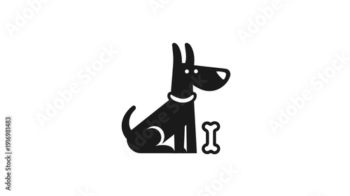 A simple, black and white illustration of a sitting dog with a bone next to it