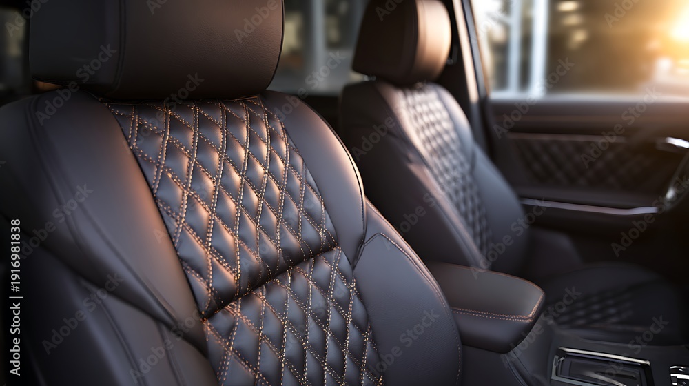 Fototapeta premium Close-up of luxurious quilted leather car seats with diamond stitching in a modern vehicle interior.