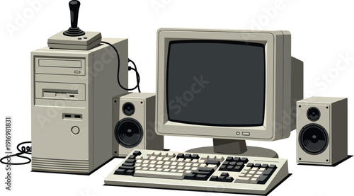 Vector illustration of 90's computer set with crt monitor, case, sound speakers, mechanical keyboard and a joystick, isolated on white background