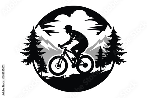 biker rides mountain bike in forest circle silhouette line art vector illustration with a white background