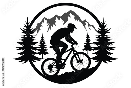 biker rides mountain bike in forest circle silhouette line art vector illustration with a white background