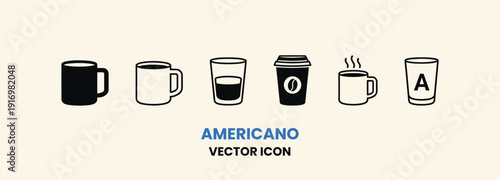 Collection of Americano Coffee Icons Vector Illustration Set.