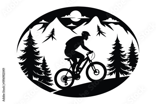 biker rides mountain bike in forest circle silhouette line art vector illustration with a white background