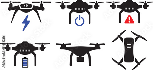 Drone Icons Set: This image features a comprehensive set of drone icons, showcasing various states of operation. A modern illustration depicting remote-controlled aerial vehicles.