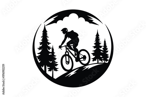 biker rides mountain bike in forest circle silhouette line art vector illustration with a white background