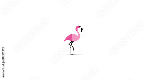 A stylized illustration of a pink flamingo standing on one leg against a clean white background