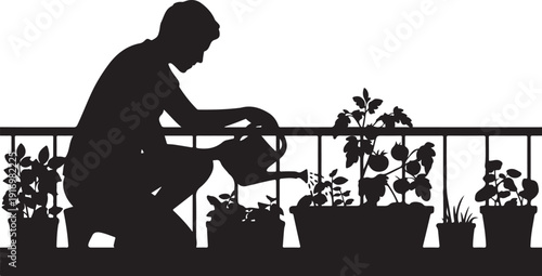 Silhouette of person watering plants on a balcony 1