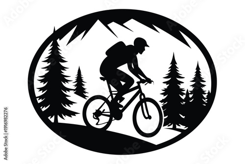 biker rides mountain bike in forest circle silhouette line art vector illustration with a white background