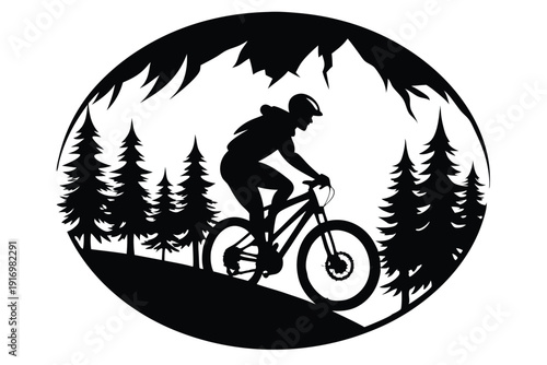 biker rides mountain bike in forest circle silhouette line art vector illustration with a white background
