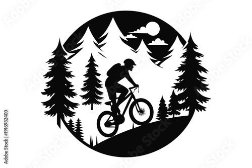 biker rides mountain bike in forest circle silhouette line art vector illustration with a white background