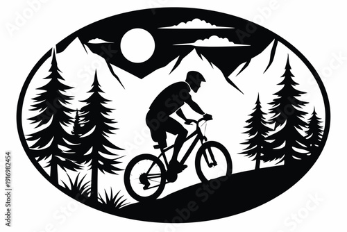 biker rides mountain bike in forest circle silhouette line art vector illustration with a white background