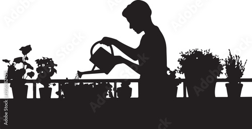 Silhouette of person watering plants on a balcony with flowers