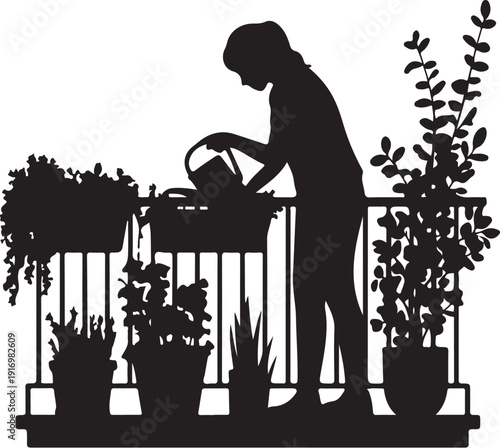 Silhouette of person watering plants on a balcony with potted plants 3