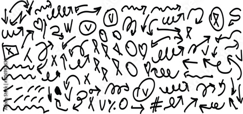 A collection of various hand drawn symbols and doodles on a white background