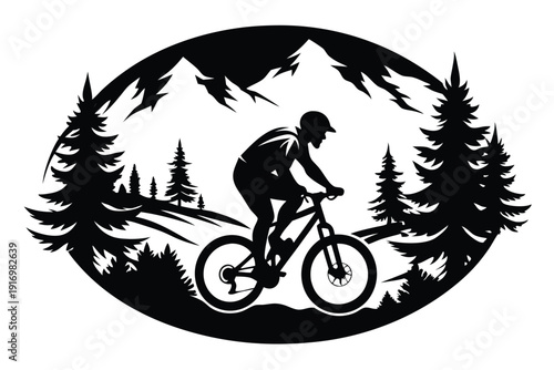 biker rides mountain bike in forest circle silhouette line art vector illustration with a white background