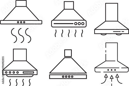 Modern Kitchen Range Hood Icons: A set of contemporary range hood icons, demonstrating various design styles and ventilation functions, ideal for interior design, and appliance illustrations.