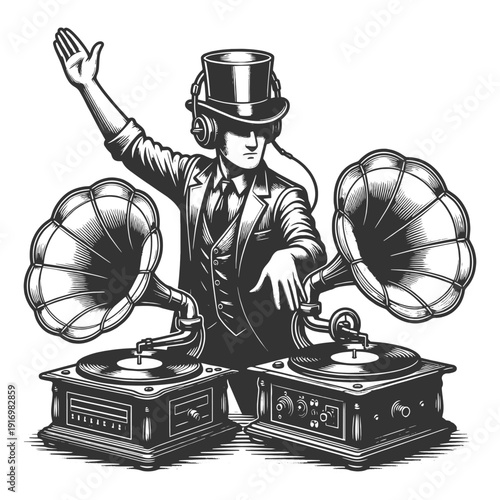DJ in top hat using dual gramophones like turntables, blending old music style with modern mixing concept sketch engraving generative ai vector illustration. Scratch board imitation. Black and white.