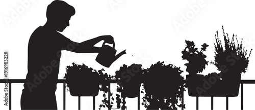 Silhouette of person watering potted plants on a balcony 3
