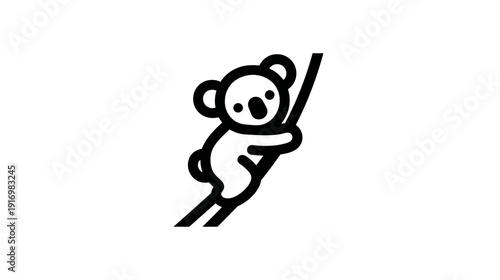 Black and white illustration of a stylized, cartoon-like marsupial clinging to a tree branch