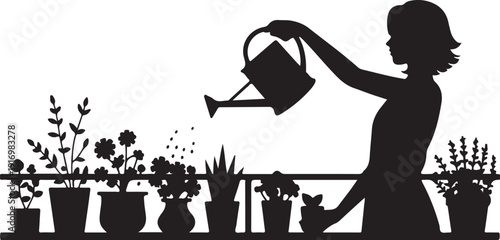 Silhouette of person watering potted plants on a balcony 4