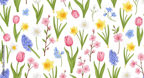 Vibrant spring flowers in full bloom on white background