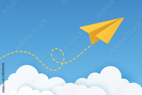 Yellow Paper Airplane Icon, Vector Illustration. Flying Paper Plane with Dotted Line Trail. Email, Message Symbol. 3d Yellow Paper Airplane on Blue Sky Background