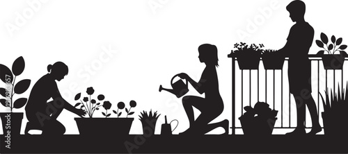 Silhouette of three people gardening with plants and pots