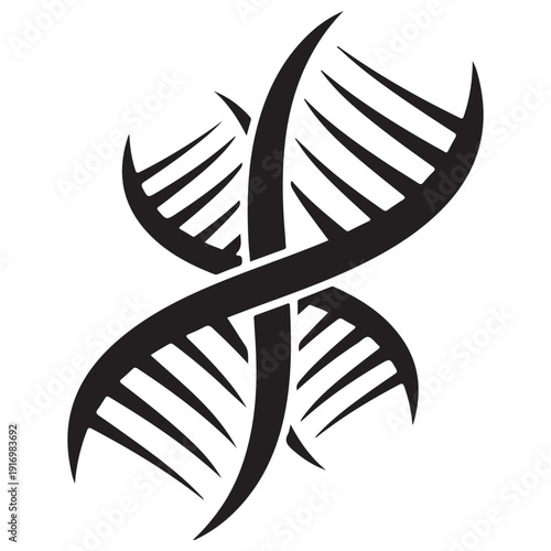 Stylized DNA double helix vector illustration representing genetic structure and biological identity in a bold tribal tattoo art style on a white background, minimalist and sharp graphic.