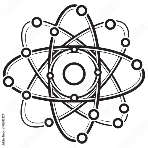Minimalist black and white atom icon with multiple electron orbits representing scientific discovery and molecular structure for educational materials and physics research line art style.