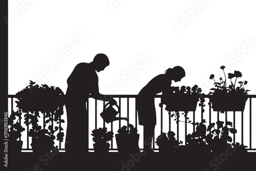 Silhouette of two people gardening on a balcony with hanging plants