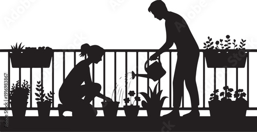 Silhouette of two people gardening on a balcony with plants 1