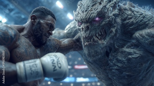 Muscular Boxer Fighting Against Terrifying Monster In Arena Ring