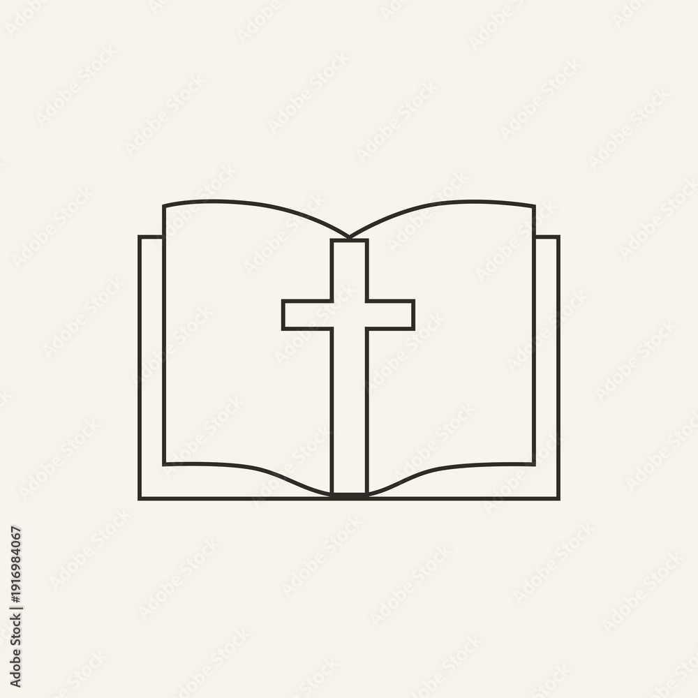 Obraz premium Open Bible Cross Minimalist Christian Poster, Scripture Faith Religious Wall Art Neutral Illustration