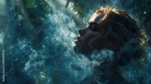 Young Woman Profile With Closed Eyes In Smoky Mystical Forest