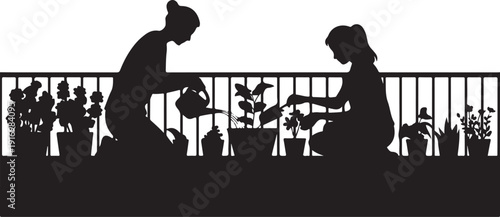Silhouette of two people gardening on a balcony with potted plants 1