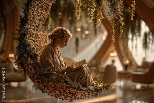Woman Reading Book In Hanging Moon Chair With Plants In Sunny Lounge