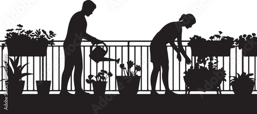 Silhouette of two people gardening on a balcony with potted plants 4
