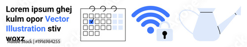 Digital security, gardening, planning, connectivity, organization, technology. A calendar, locked wireless symbol and a watering can. Planning and digital security concept