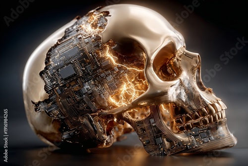 Futuristic Golden Cybernetic Skull With Intricate Electronic Circuitry