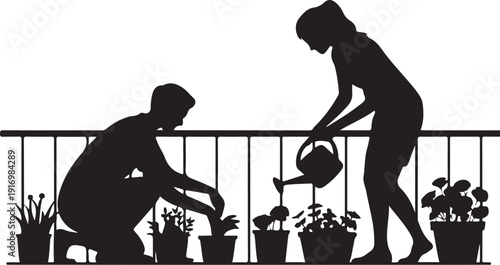 Silhouette of two people gardening on a balcony with potted plants 6