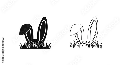 Two black and white mushrooms with bunny ears in a grassy field, whimsical illustration Vector