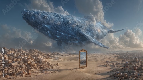 Surreal Flying Whale Above Desert City And Mystical Mirror Portal