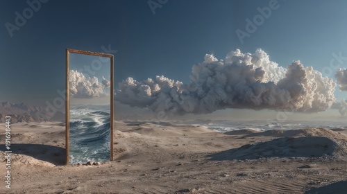 Surreal Golden Frame Portal Linking Dry Desert To Stormy Ocean